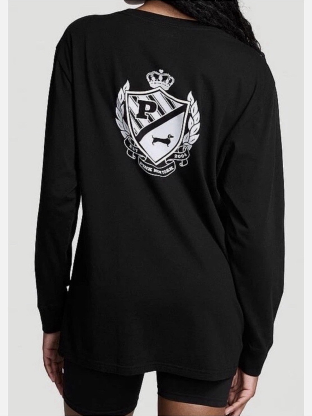 Victorias Secret Pink Oversize Tshirt Campus Long Sleeve Crest Tee Black